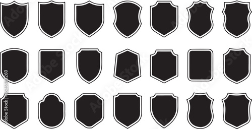 Set of Badge templates in vintage style. Black patch silhouettes. Police badge, shield, labels. Isolated on white background