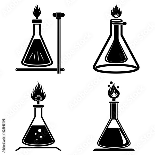 Four black and white illustrations of erlenmeyer flasks with flames for science experiments shown here