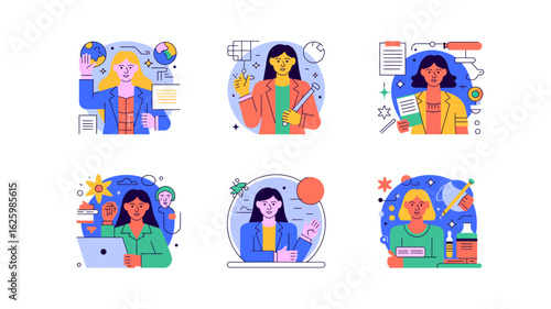 Diverse professional women vector portraits representing various fields and expertise in a bright and modern design