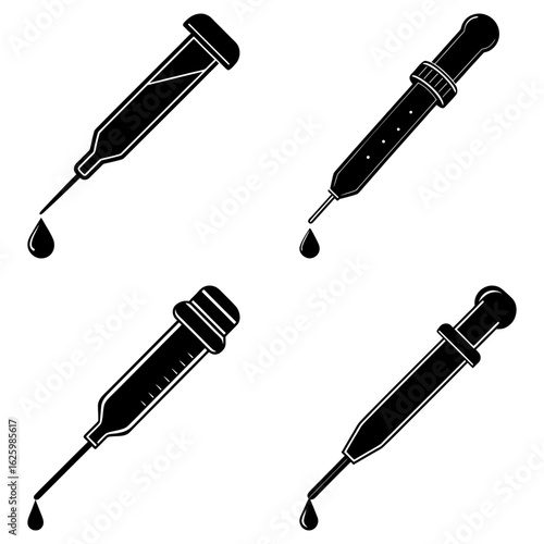 Four black and white illustrations of syringes with droplets in a square arrangement on a white background