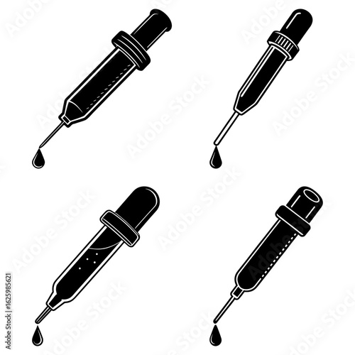 Four black and white dropper illustrations with liquid drops in a square arrangement on white background