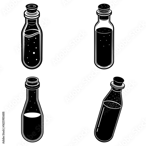 Four black and white potion bottles with corks filled with different liquids in various orientations