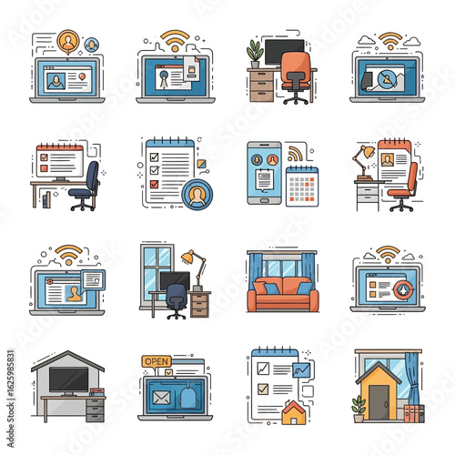 Line Art Home Office Setup Element with Electronics Furniture Concept