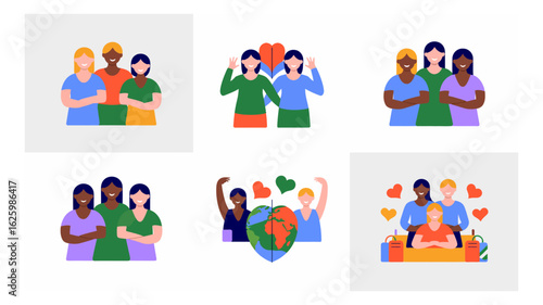 Diverse women supporting each other, symbolizing unity, friendship, and empowerment across cultures and backgrounds in a vector illustration