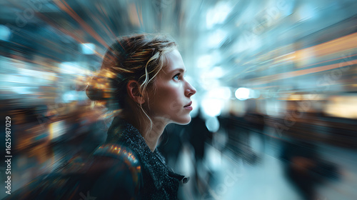 A thoughtful woman with blonde hair looking towards the future in the city with motion blur effects. The woman is gazing forward thoughtfully.  