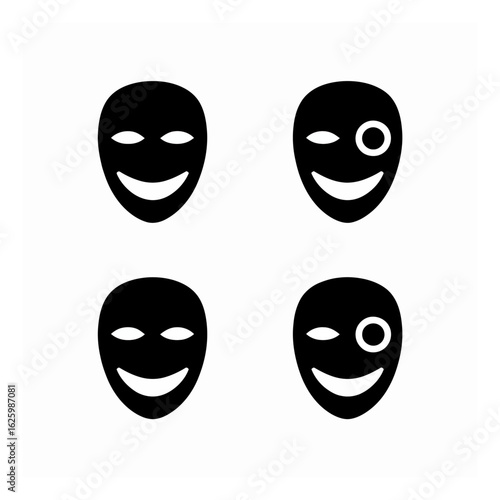 Four minimalist vector illustrations of theatrical masks depicting different emotional expressions on a white background