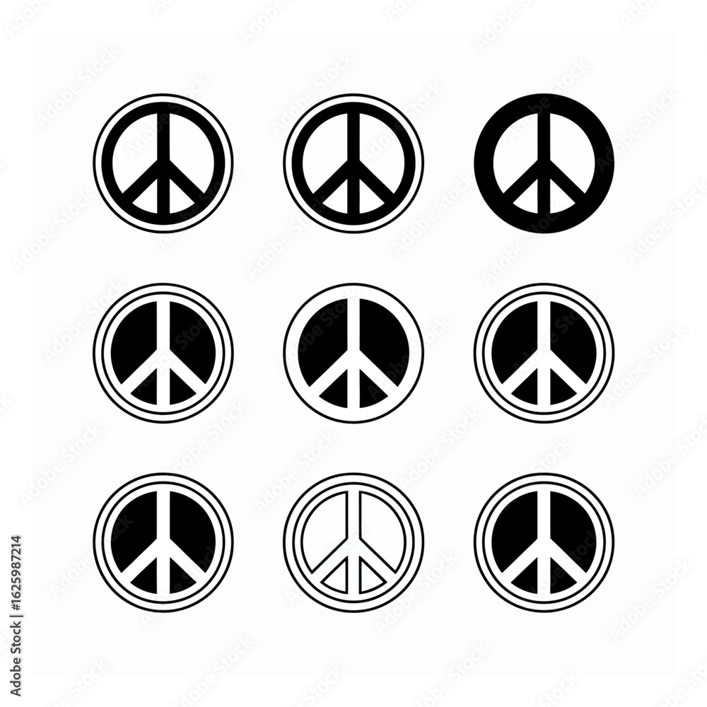 Graphic Collection of Black and White Peace Symbols in Varying Styles and Outlines for Design Projects and Creative Works Graphic Collection of Black and White Peace Symbols in Varying Styles and Outlines for Design Projects and Creative Works
