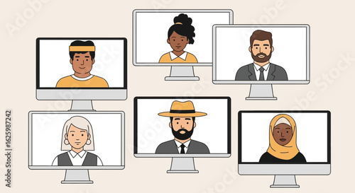 Global business team collaboration during an online video conference, featuring a diverse mix of people on multiple computer screens.