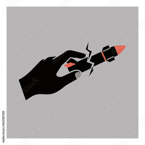 Hand activating a broken missile, symbolizing conflict, tension, and the potential for disaster with a striking graphic design on a neutral background.