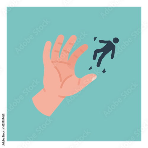 Human hand with a small figure being flicked away, symbolizing rejection, dismissal, or power dynamics in a simple vector illustration against a teal background