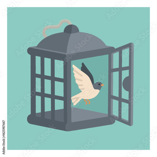 Illustration of a bird escaping from an open birdcage symbolizing freedom and liberation with a teal background creating a sense of hope and new beginnings