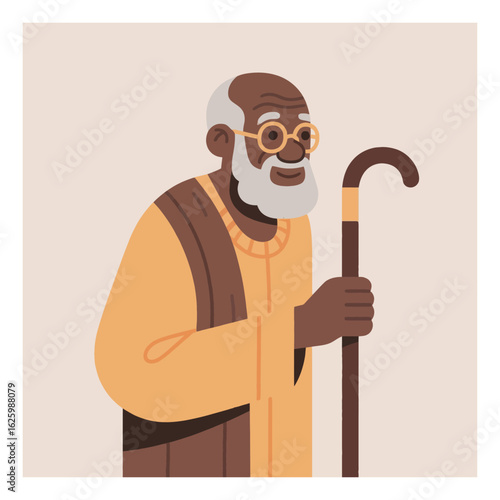 Illustration of an elderly African man with glasses, walking stick and beard in a warm color palette