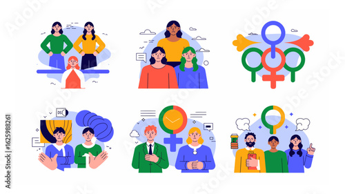 Illustrations depicting gender inequality and discrimination issues in modern society through flat design visuals highlighting social issues and stereotypes