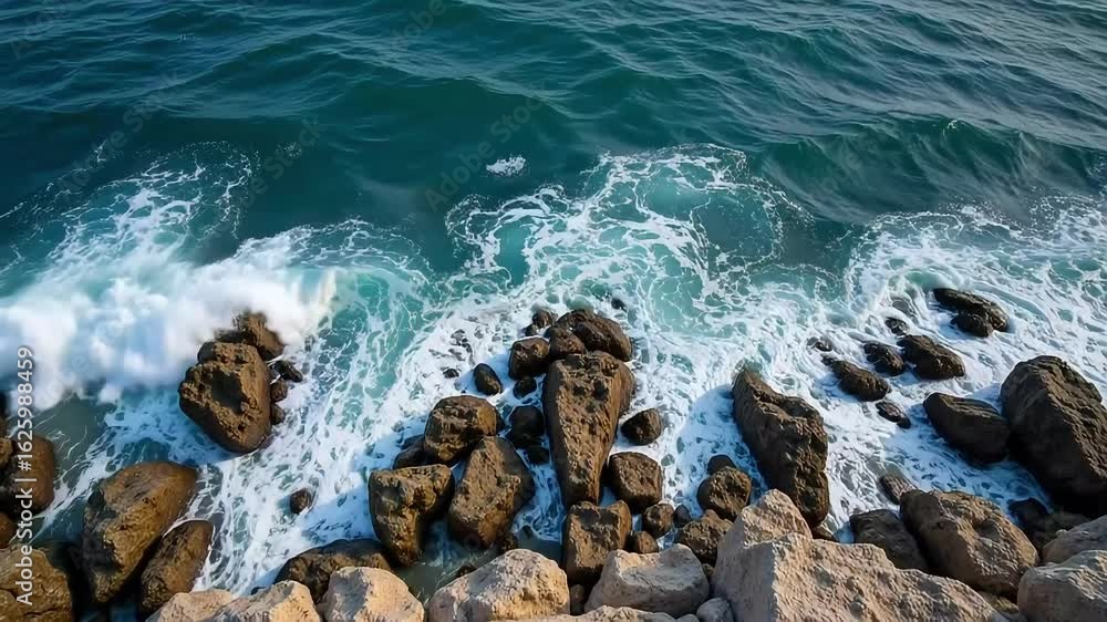 Dynamic ocean waves crash onto rugged coastline rocks creating white foam and a powerful natural display Dynamic ocean waves crash onto rugged coastline rocks creating white foam and a powerful natural display