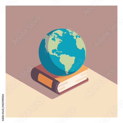 Isometric world globe resting on a book, symbolizing knowledge and global education in a stylized design with earth tones