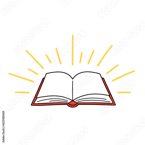 Open book with rays of light in hand-drawn style  