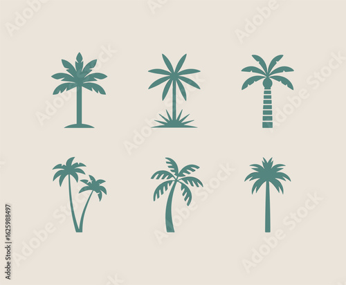 Six Teal Palm Tree Silhouettes on a Light Beige Background coconut tree tropical