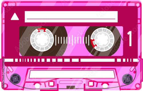 Pink transparent audio cassette tape playing side one, with empty white label, representing vintage music, retro technology, and eighties nostalgia