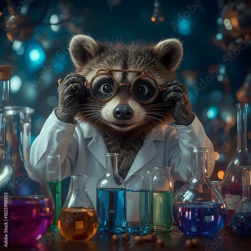 Adorable Raccoon Scientist Doing Experiments – 3D Cartoon Animal Illustration with Lab Equipment and Chemistry Theme