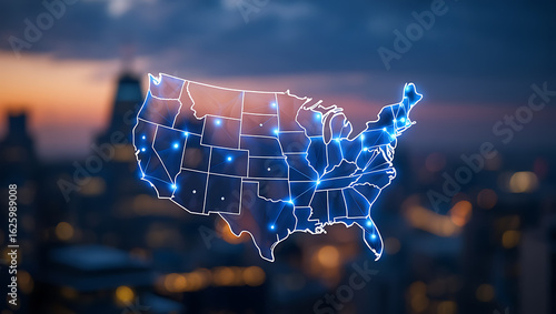 Fototapeta Naklejka Na Ścianę i Meble -  United States map glowing with connections over city skyline network digital