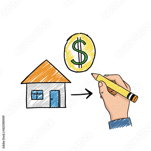 Drawing of house with dollar sign using yellow pencil  