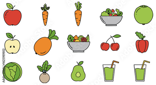 Healthy eating and nutrition concept with a set of colorful icons. Fresh fruits, vegetables, salads, and juices for a wellness lifestyle.