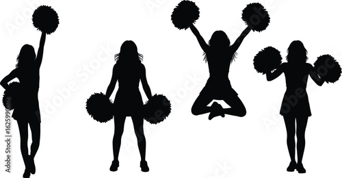 Cad Drawing Flat Vector Illustration, Cheerleader Silhouettes with Pom-Poms, Dynamic Poses, Sports Celebration Theme, Editable Graphic, Youth Movement Style