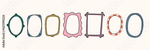 Doodle Mirror Empty Frame Set. Vintage Wall Gallery Painting Border. Cartoon Vector Illustration