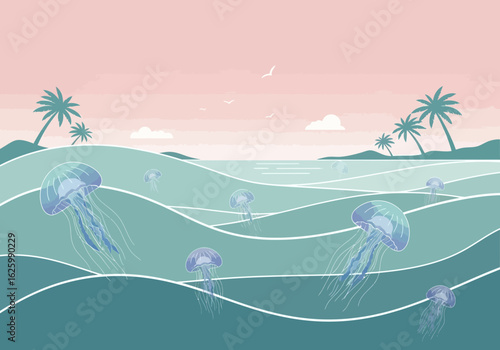 Editable summer vacation template featuring a vibrant tropical beach illustration with palm trees and a clear blue sky.