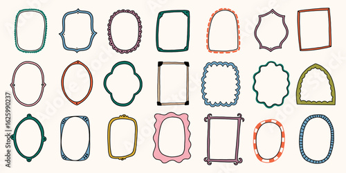 Doodle Mirror Frame Set. Vintage Wall Gallery Painting Border. Cartoon Vector Illustration