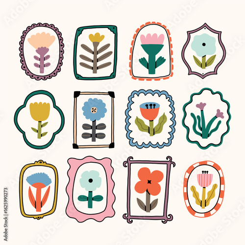 Flower Postage Stamp Postcard Set. Cute Floral Spring Blossom Postal Frame. Hand Drawn Vector Illustration