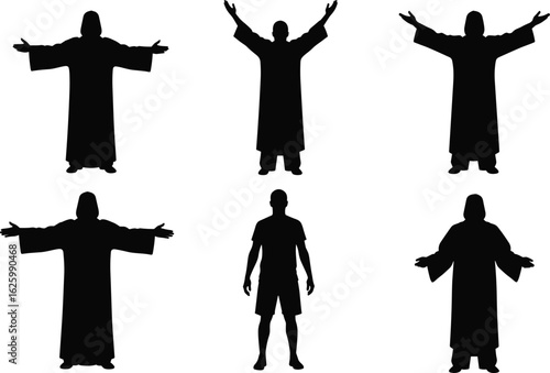 Cad Drawing Flat Vector Illustration, Human Silhouettes, Cultural Poses, Spiritual Gesture, Traditional Robes, Standing Figures, Minimalist Character Art, Editable Icon Set