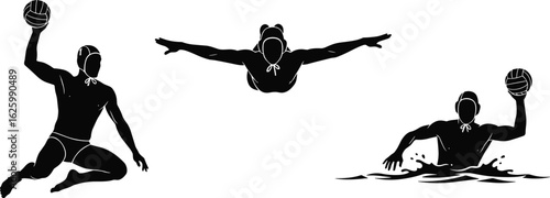 Cad Drawing Flat Vector Illustration, Water Polo Silhouettes, Athletic Swimming Actions, Editable Sport Graphics, Competitive Aquatic Movement Theme