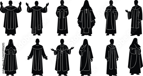 Flat Vector CAD Clergy Silhouette Icon Set, Religious Gesture Poses, Prayer and Blessing Graphics, Ritual Illustration Pack, Editable Art Series