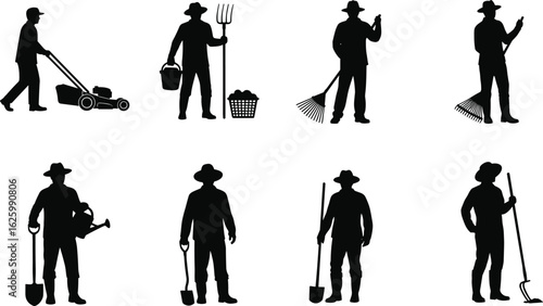 Flat Vector CAD Drawing Silhouette Set, People Gardening and Farming, Hand Tool Poses, Outdoor Chore Icon Pack, Editable Graphic Series