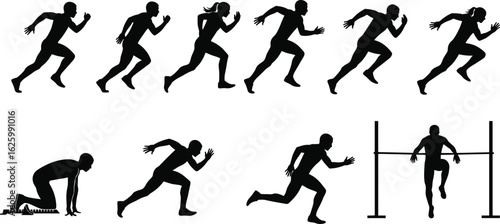 Sprinter and Hurdler Silhouette Vector, Black CAD Clipart in Running Cycle Poses, Editable Athlete Icons for Fitness, Sports Graphics