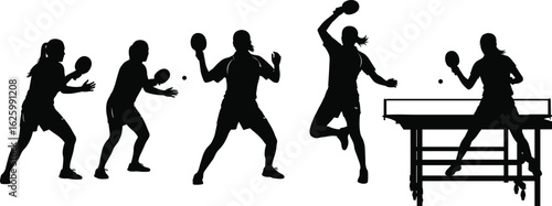 Table Tennis Silhouette Vector Set, Ping Pong Player Action Poses, Editable Black CAD Icons, Sports Motion Clipart Pack