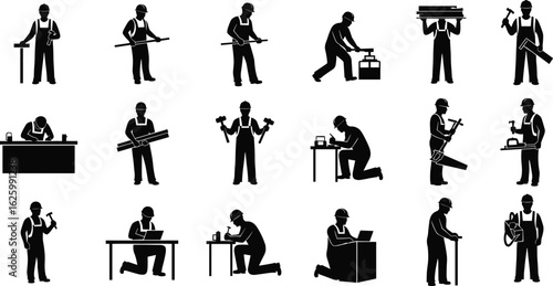Construction Worker Silhouette Vector Set, Industrial Labor Poses Clipart, Black Editable CAD Icons, Manual Tool Use Graphics
