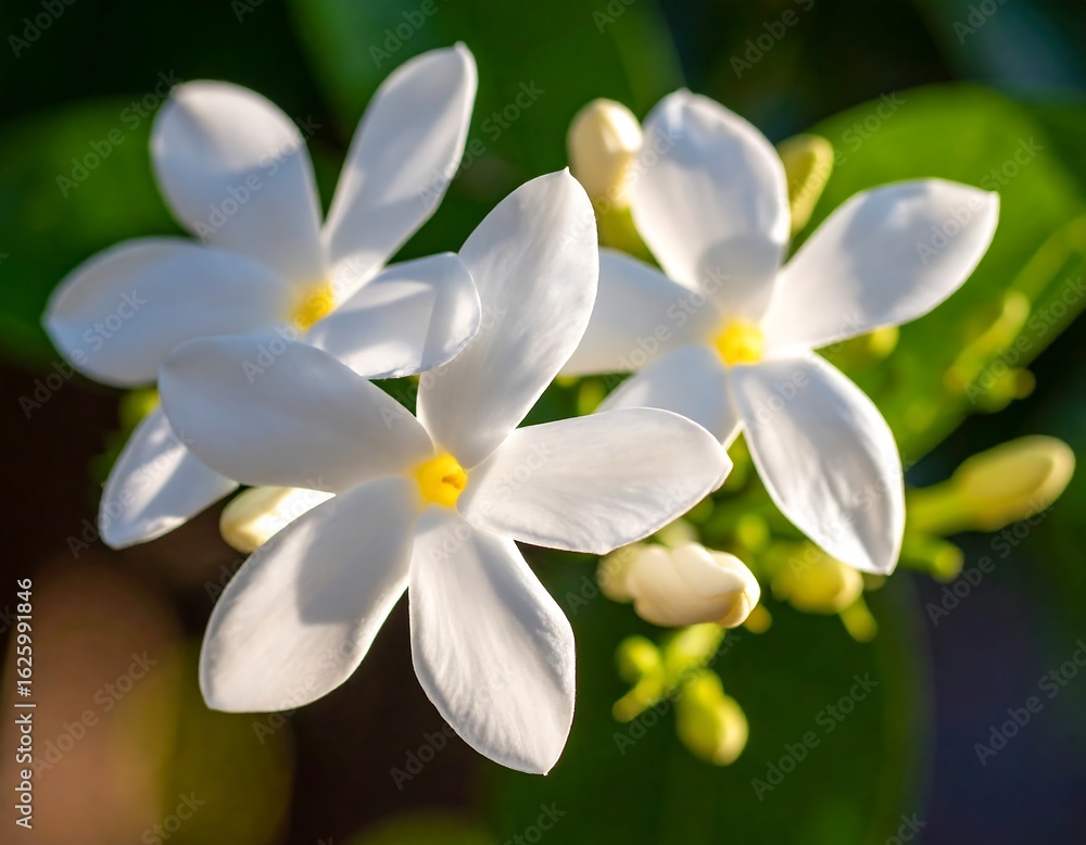 Fototapeta premium Close-up of three pristine white flowers with yellow centers, backlit, showcasing delicate petals and subtle shadows