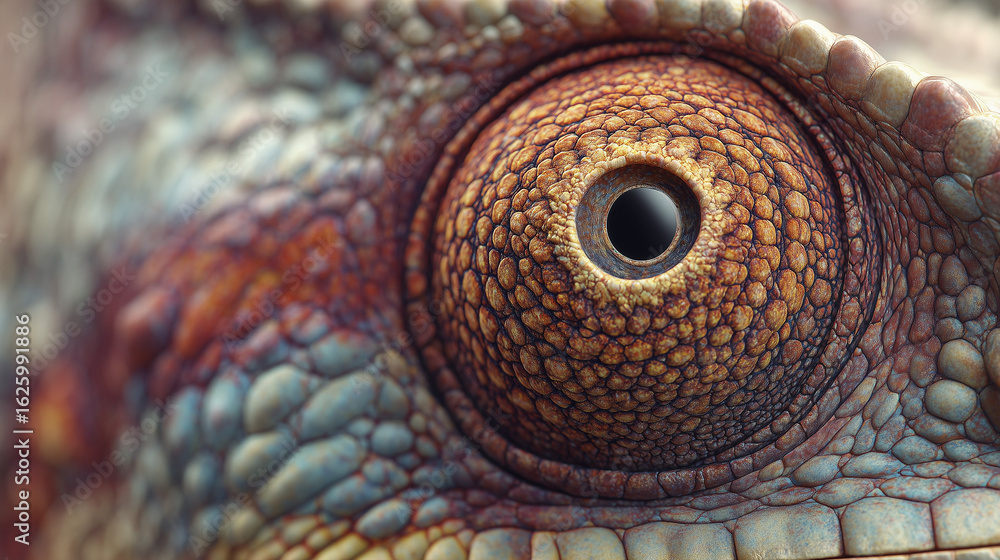 Fototapeta premium Chameleon's Focused Gaze: A mesmerizing close-up of a chameleon's intricate eye, revealing the depth of its gaze with striking detail, highlighting nature's extraordinary design and color.