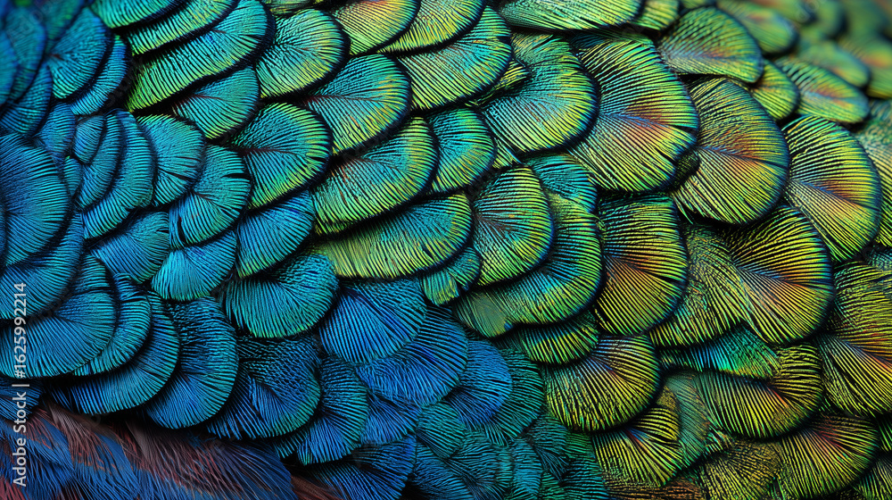 Fototapeta premium Intricate Plumage: Detailed shot of vibrantly colored peacock feathers, the vibrant hues are artfully showcased, creating a visual symphony of texture and detail. 