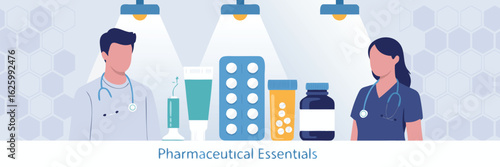 Illustrated Doctors with Medications and Healthcare Products, Background with Hexagons, Under Three Hanging Lights