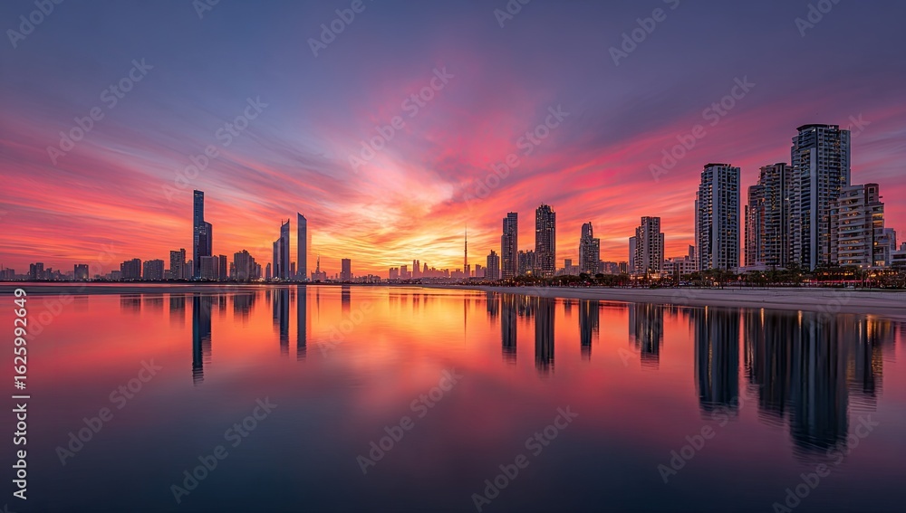 Obraz premium Sunrise over a city reflected in water. Vibrant colors of dawn paint the skyline