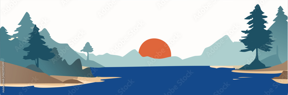 Sunset View Over Serene Lake with Mountains, Nature Illustration, Peaceful Environment, Scenic Landscape Art Sunset View Over Serene Lake with Mountains, Nature Illustration, Peaceful Environment, Scenic Landscape Art