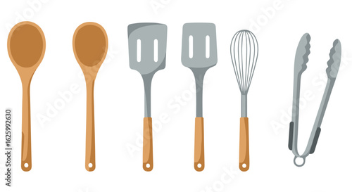 Wooden and metal kitchen utensils set for food preparation. Spoon, spatula, whisk, and tongs illustrated for culinary concepts.
