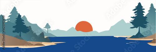 Sunset View Over Serene Lake with Mountains, Nature Illustration, Peaceful Environment, Scenic Landscape Art