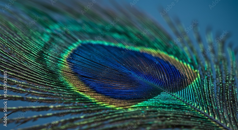 Obraz premium A beautiful, iridescent macro peacock feather close-up reveals its intricate blue and green pattern