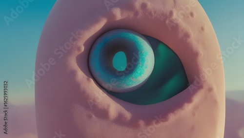 Surreal One-Eyed Character with Pink Textured Surface and Blue-Pink Gradient Background

