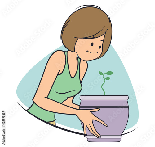 Cute girl taking care of potted plant.