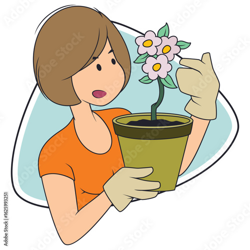 Cute girl with plant in pot.